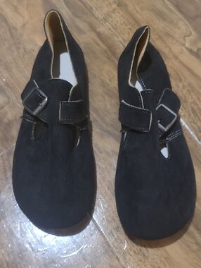 Classic Black Suede Women's Flats with Buckle Strap